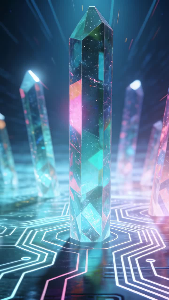 Vertical video: Glowing crystal obelisk activating with timeline advancing, charging neon circuit