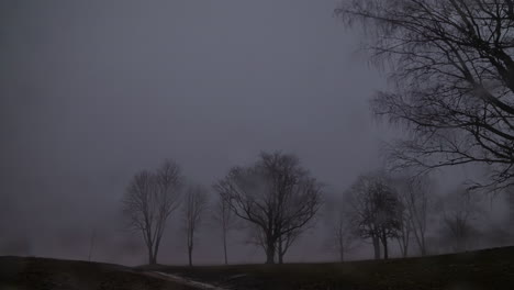 time lapse of an overcast and rainy countryside with trees as darkness falls and rain droplets fall on the camera lens