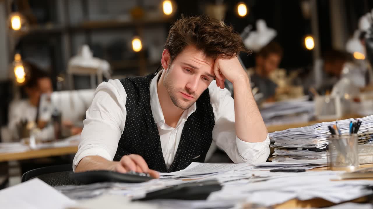 A Young Professional in a Modern Office Environment Exhibiting Signs of Stress and Overwhelm Amidst a Sea of Paperwork and Busy Colleagues Working Late at Night