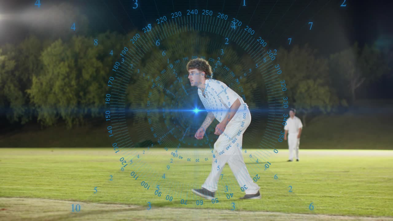 Førende cricketspiller i hug, der starter opløb og bowler til cricketøvelse med HUD-overlay-sporing
