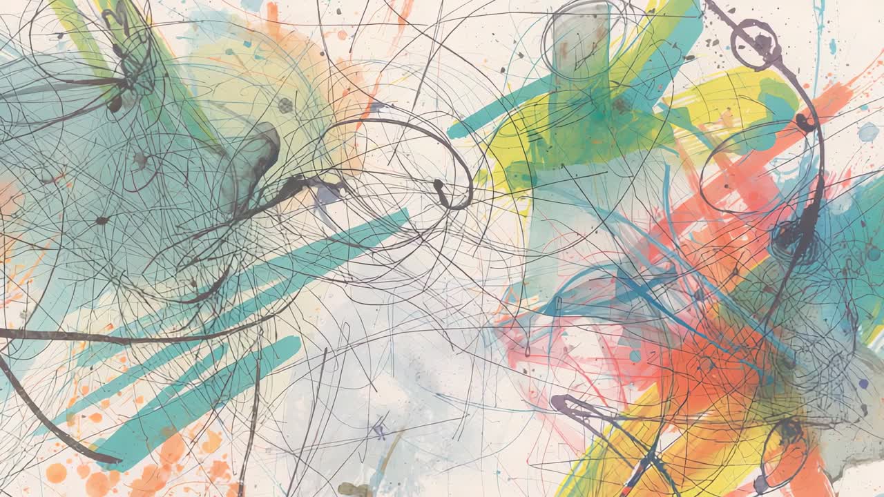 Displaying abstract painting on canvas in studio, with swirling black lines and colorful splatters