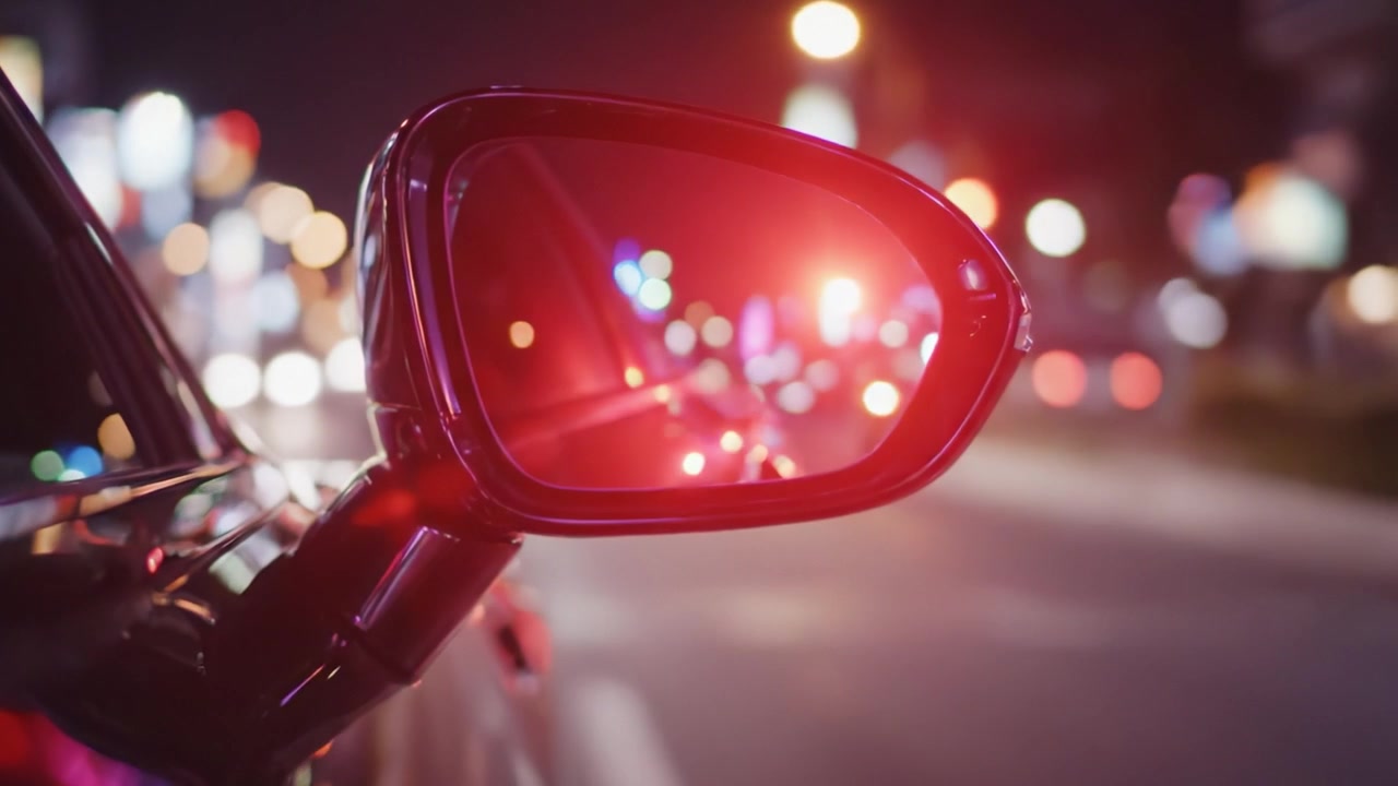 Vue nocturne : Un rétroviseur reflétant les lumières colorées des rues de la ville, capturant l'essence du dynamisme de la vie nocturne urbaine.