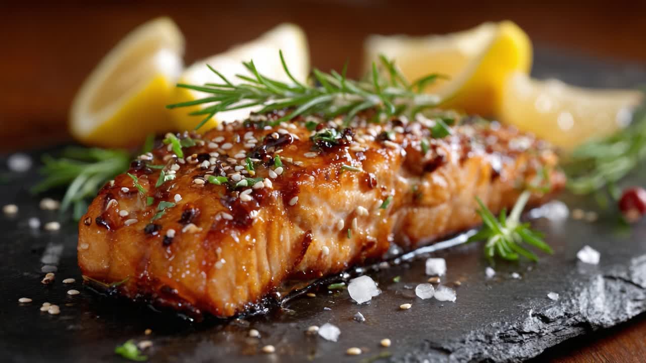 Deliciously Grilled Salmon Fillet Garnished with Fresh Herbs and Lemon Slices, All Presented on a Dark Slate Plate for an Elegant Culinary Experience