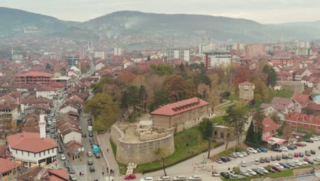 aerial view of the novi pazar fortress in the city of novi pazar, raska district, serbia on foggy day