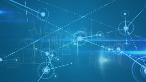 animation of network of connections and data processing over 3d cityscape drawing