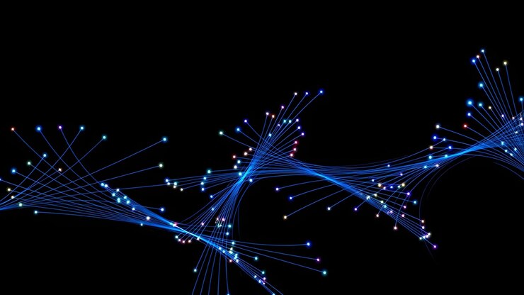 Thin neon-like ribbons span lower portion of wide black panorama, forming sweeping curved bands, interconnected filaments, bright nodes, tiny glowing dots, and clean futuristic contrast for abstract