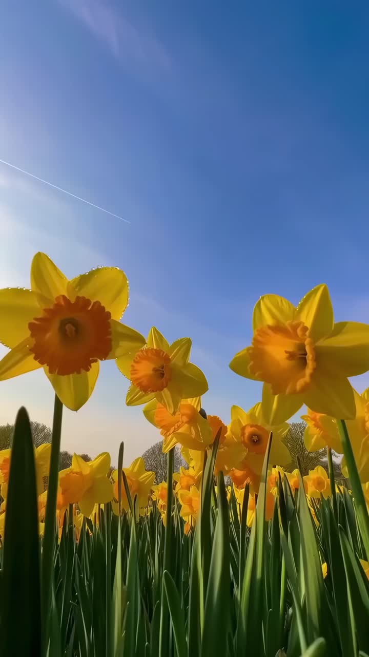 Low-angle video of vibrant yellow daffodils against a clear blue sky, capturing spring's essence