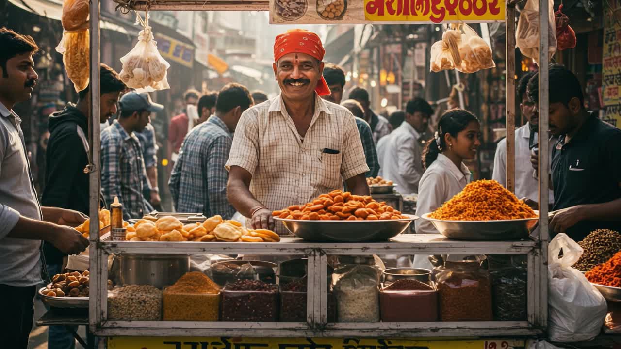A Vibrant Street Food Stall Capturing the Essence of Local Cuisine with a Friendly Vendor, Crunchy Snacks, and Colorful Spices in a Bustling Market Setting