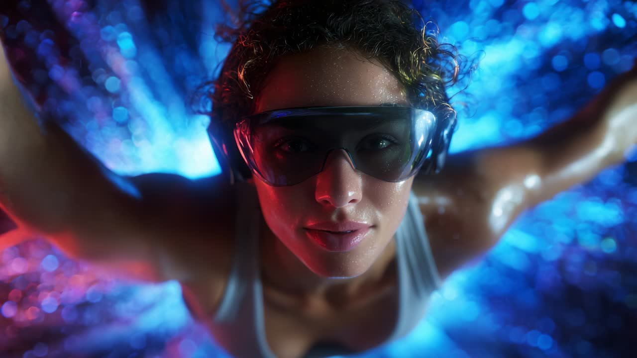 Un intenso primo piano di un atleta in un ambiente futuristico, che mette in mostra concentrazione e determinazione, illuminato da vivaci luci blu e rosse, catturando l'essenza della forza e della performance in un ambiente dinamico