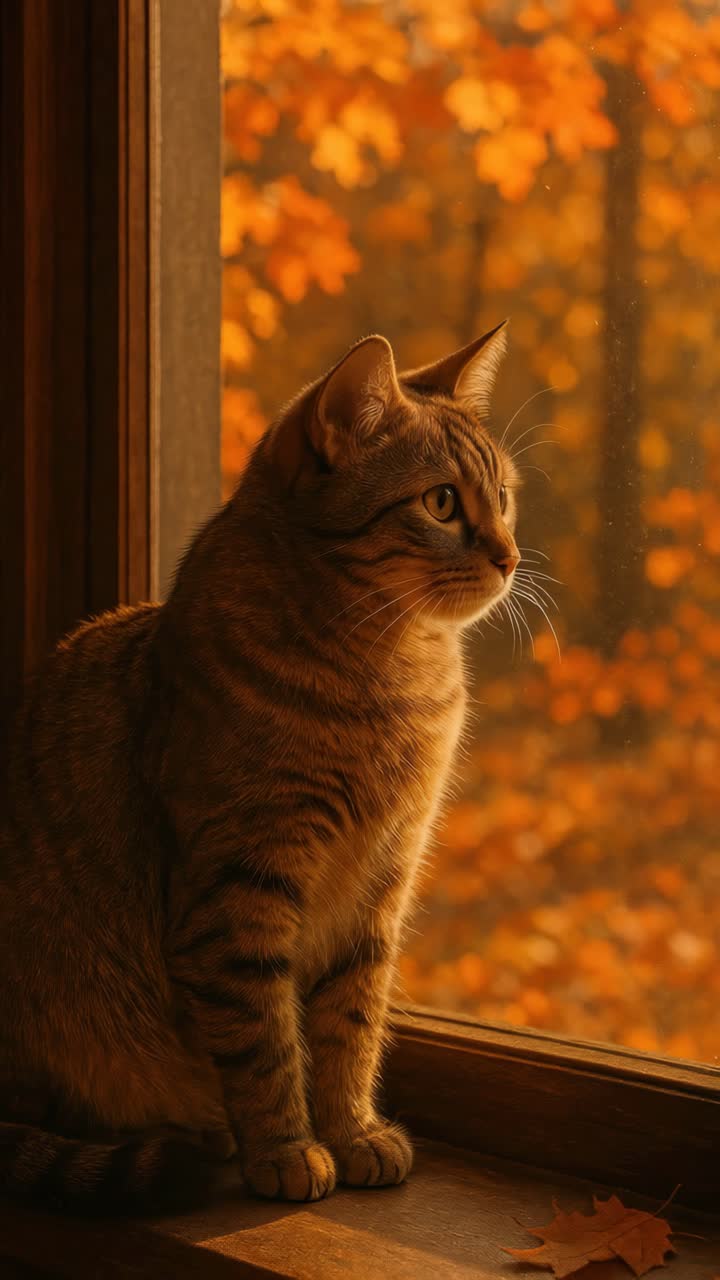A serene cat gazes out a window, bathed in warm autumn light. The side ...