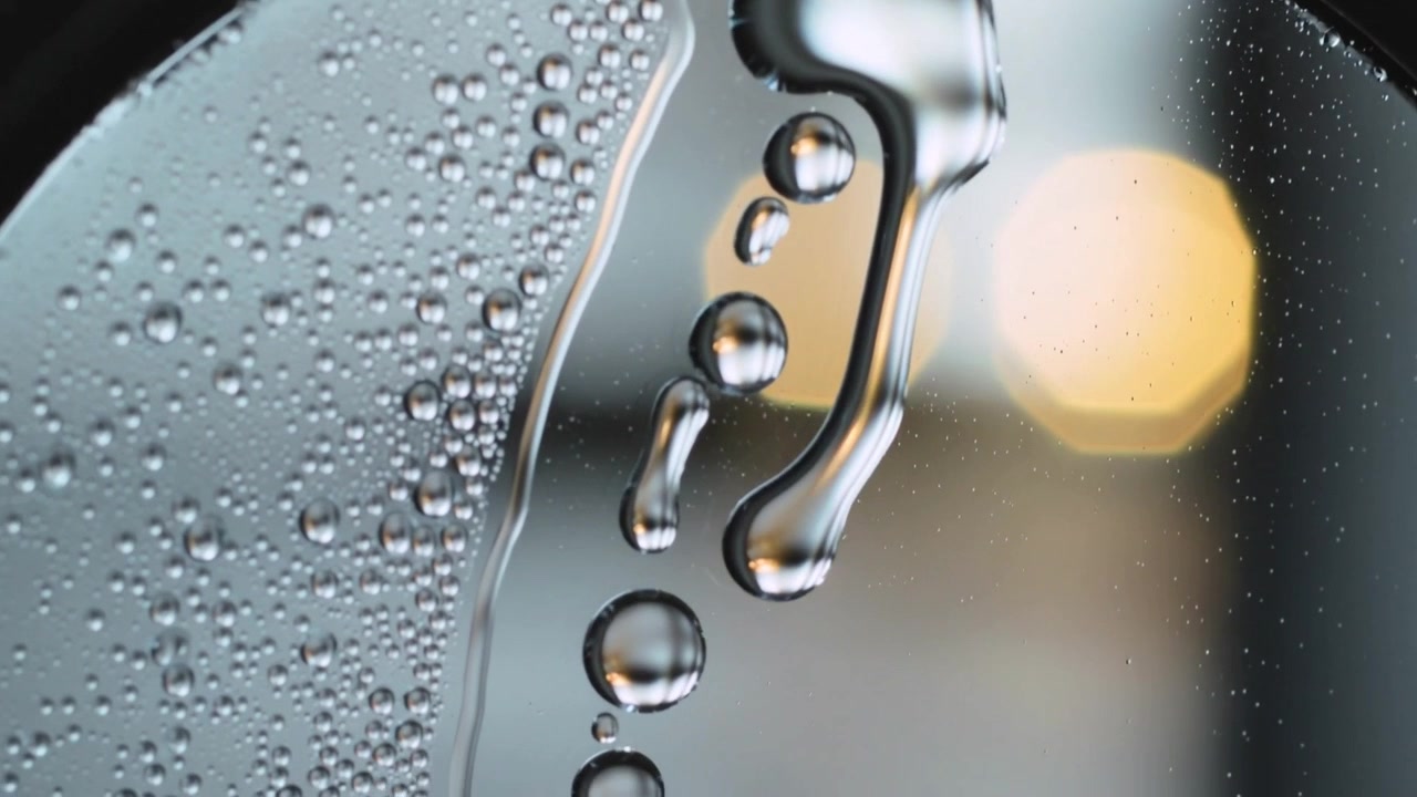 Catena di gocce che si allunga mentre la condensa si forma e la gravità trascina le goccioline lungo l'oblò di vetro, bokeh.