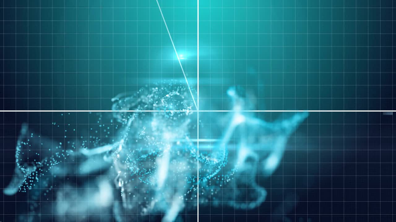 Teal grid fading in starting scanning rings pulsing particle figure showing data before fragmenting