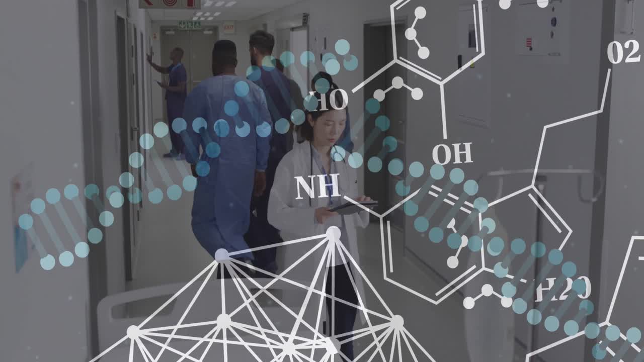 dna 가닥의 애니메이션과 병원의 의사들에 대한 데이터 처리