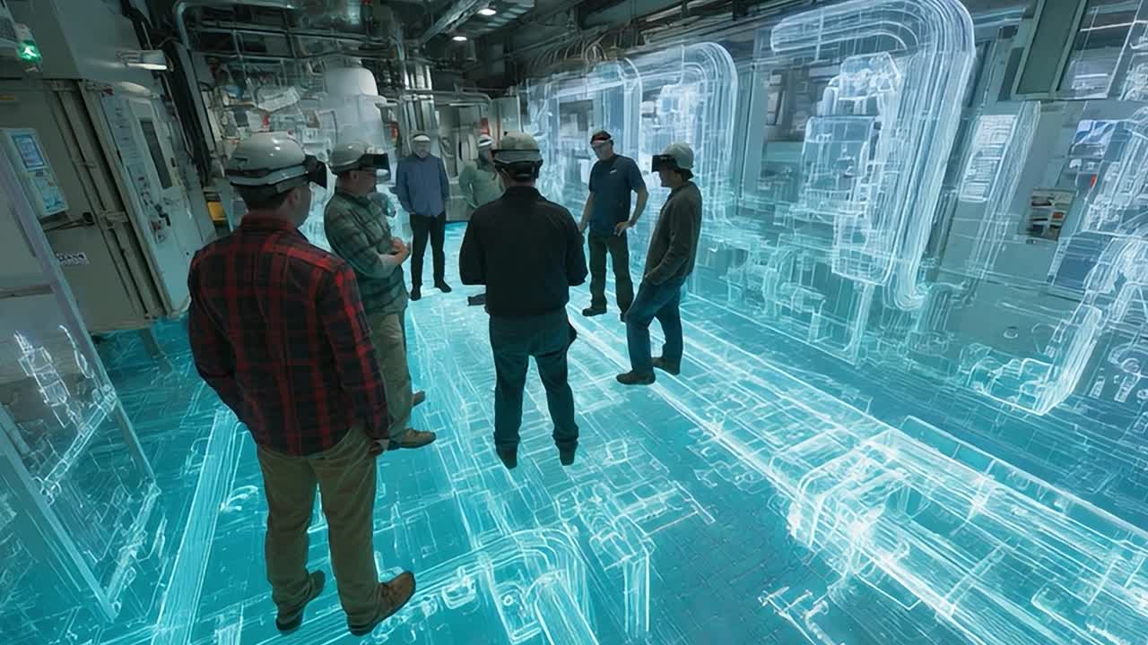 Engineers collaborate in innovative workspace using augmented reality tools