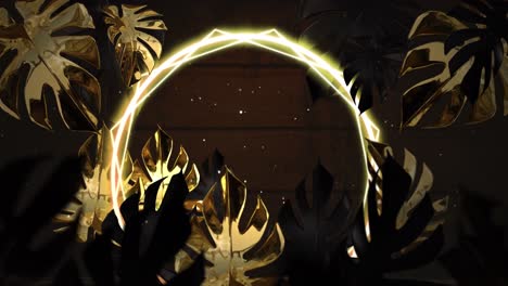 animation of neon circles over leaves on wooden background