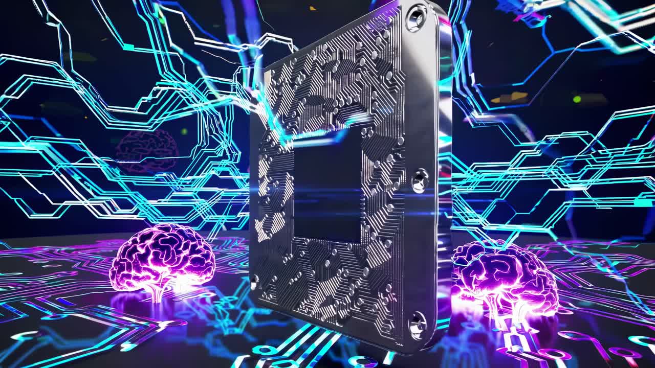Futuristic video concept with a circuit board and digital brains