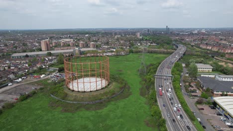 Traffic-queuing-on-A406-Highway-East-Ham-London-drone-aerial-view