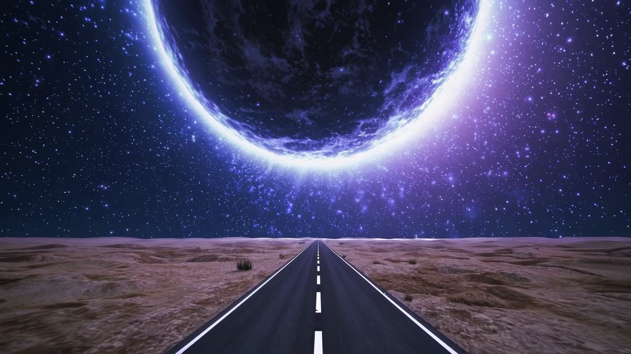 Surreal video concept of a vast desert road leading to a massive, glowing planet