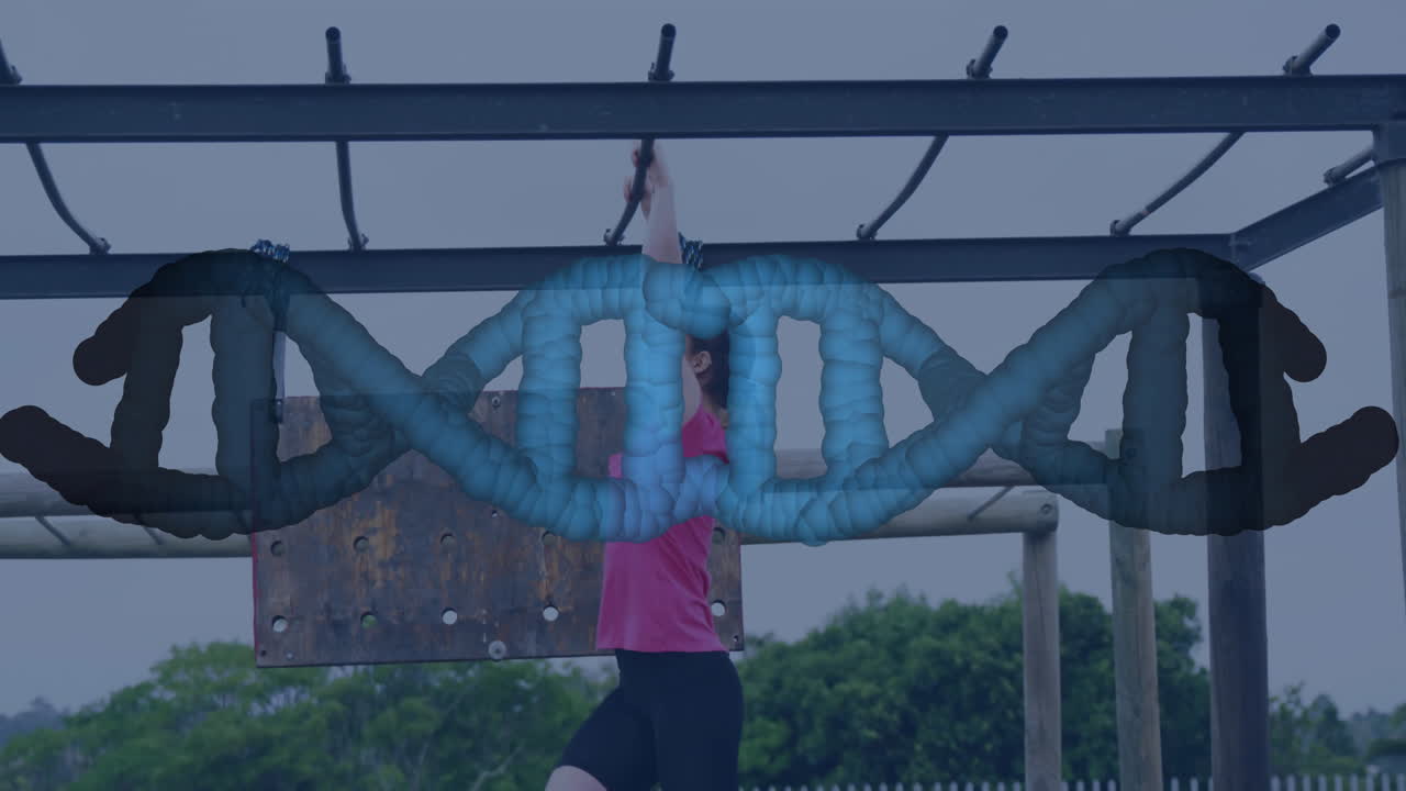 Person exercising on monkey bars with DNA strand animation overlay