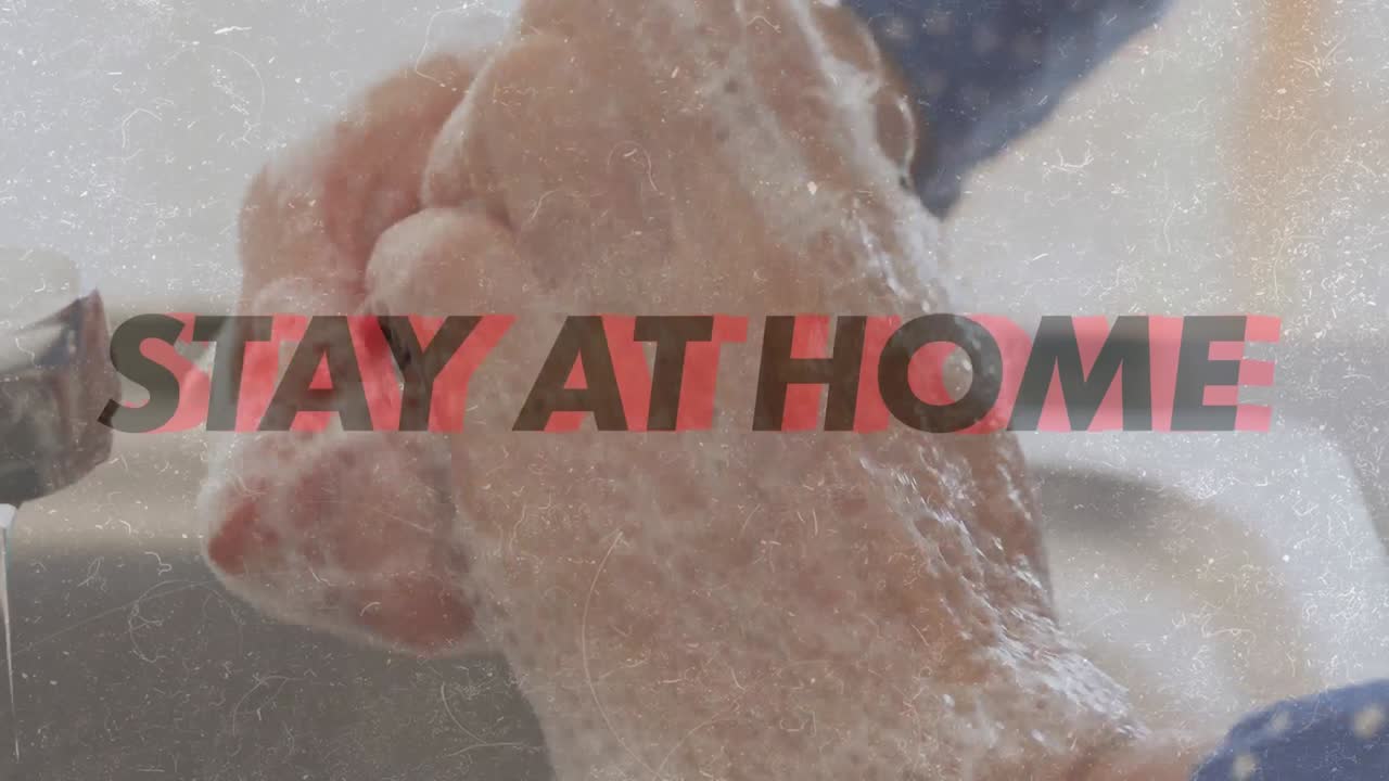 단어의 애니메이션 집에 머물러 안전하게 코로나 코비 동안 손을  ⁇ 는 사람 위에  ⁇ 박이는