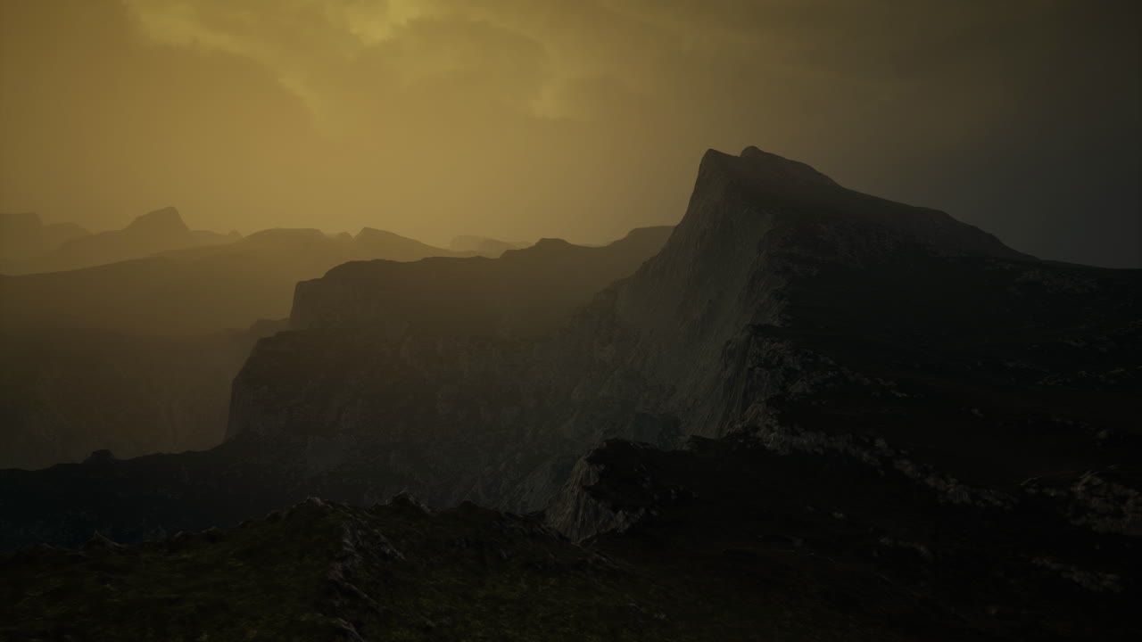 Mysterious mountain landscape captured during sunset in low light conditions
