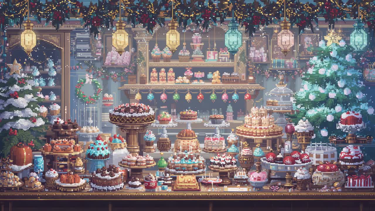 Panning camera revealing ornate pastry display in bakery, showcasing holiday cakes, trees, lights