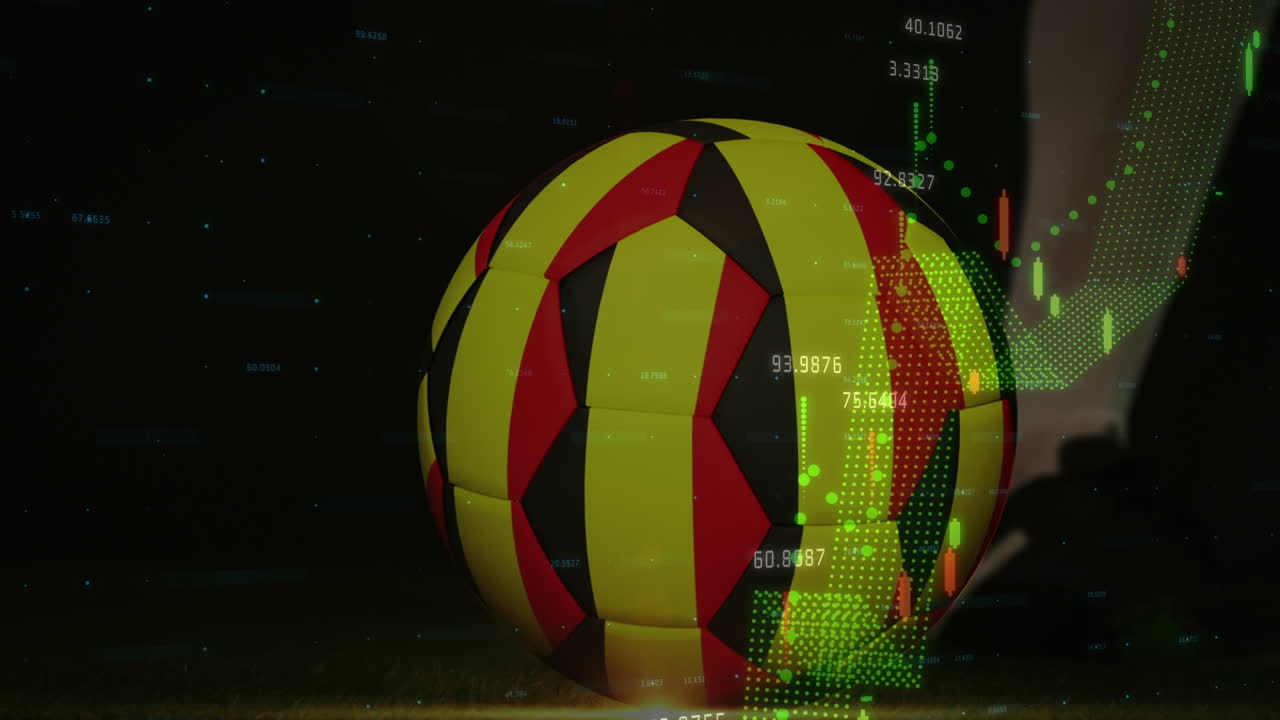 Animasjon av grafer med tall over nedre del av fotballspiller som sparker ball med belgisk flagg
