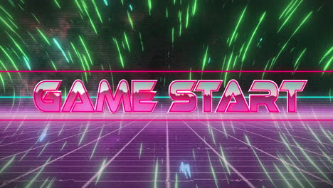 digital animation of game start pink text over loop of neon illuminated lights and grid pattern