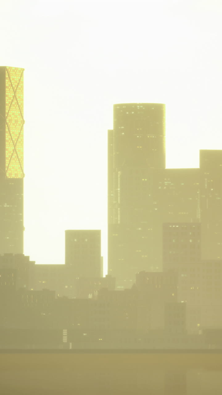 Horizonte urbano silueteado al atardecer con tonos cálidos y efectos de luz suave