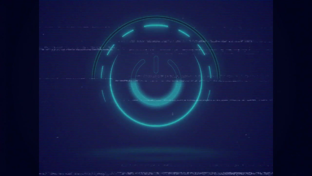 Scanline crossing frame activating cyan emblem brightening and lighting arcs making CRT glitch