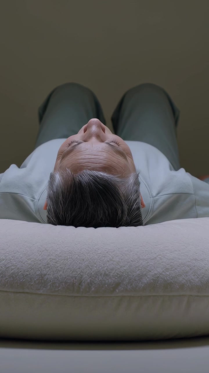 Vertical video: Filming above senior resting and breathing on cushion pillow, light top green pants