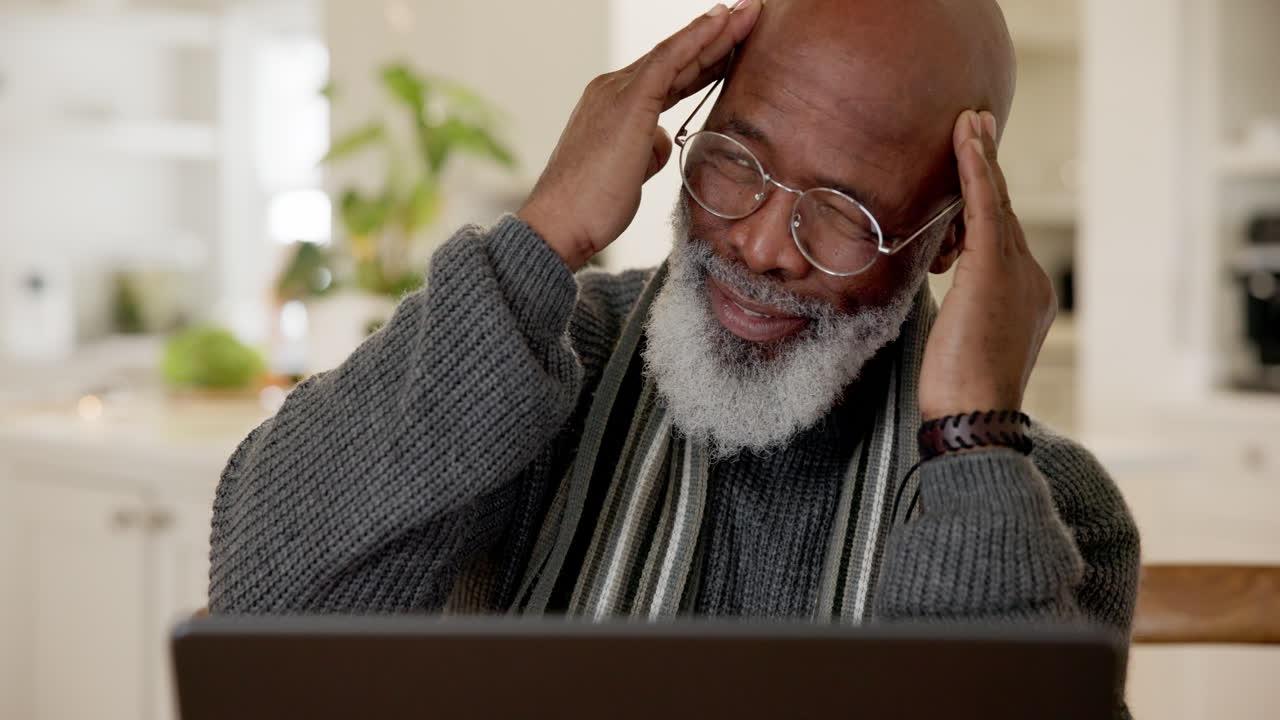 Remote work, senior man and headache with laptop