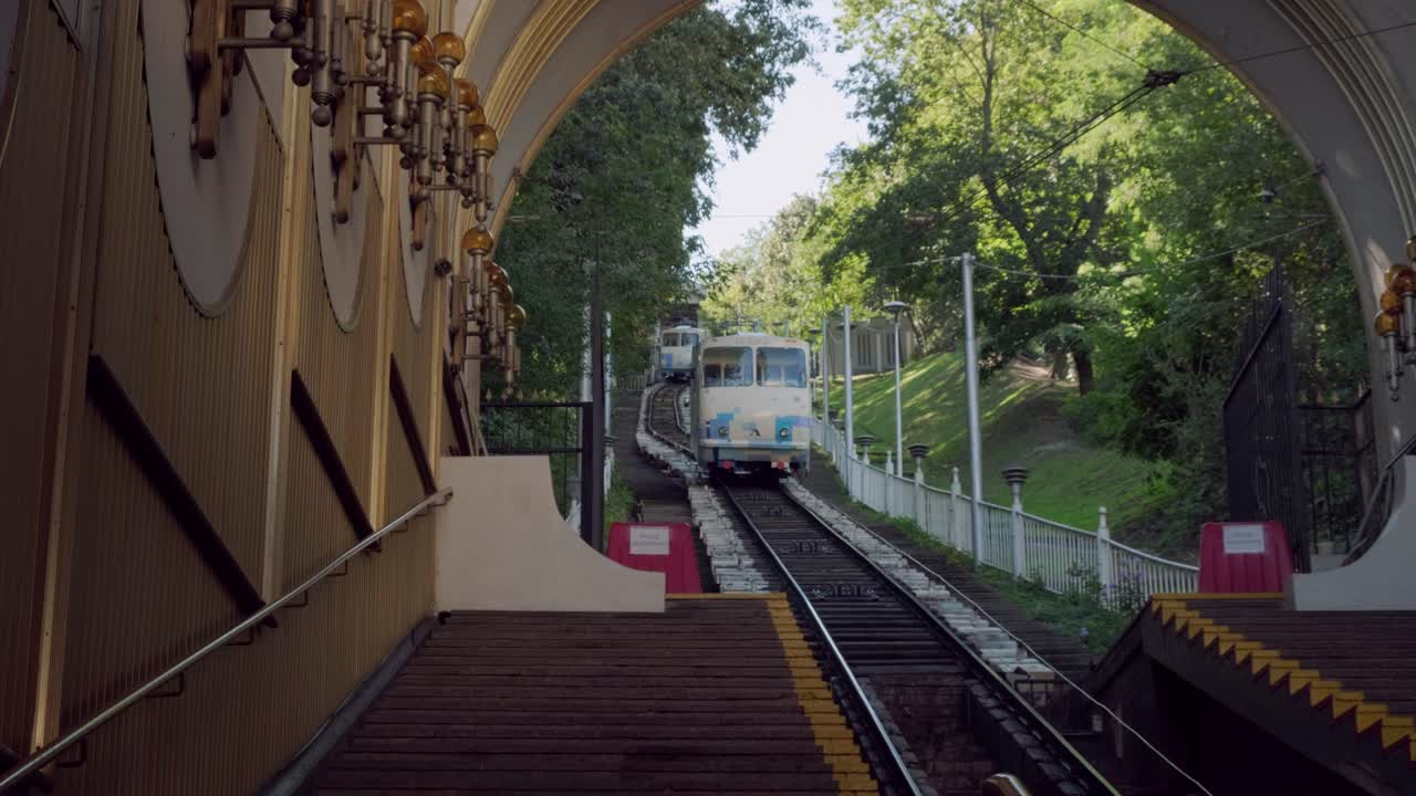 Funicular train climbing to Volodymyrska Park in Kiev as another descends