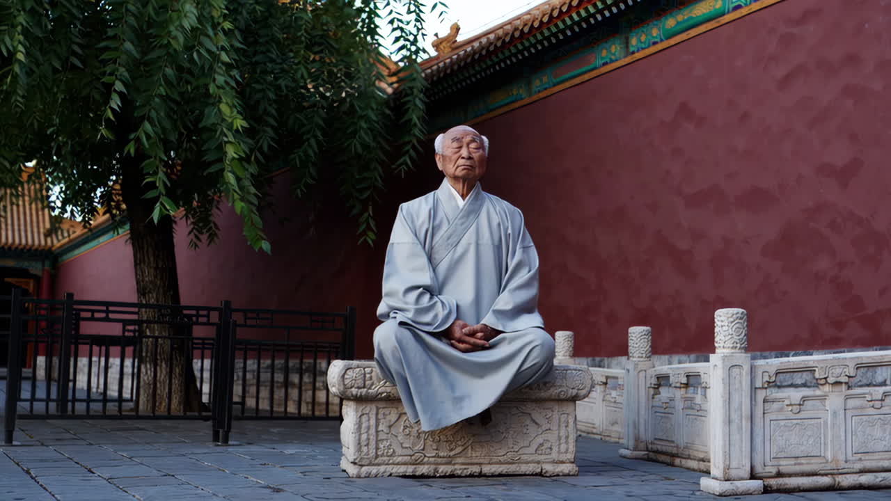 Elderly Monk Meditating in a Chinese Temple