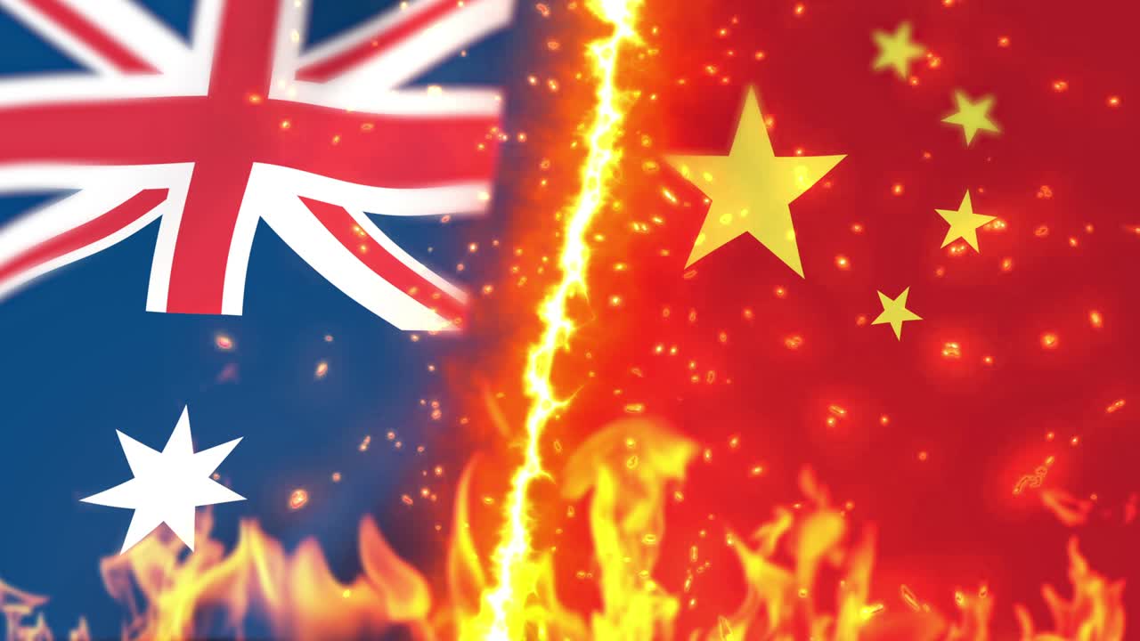 Australia versus China flag on fire loop animation