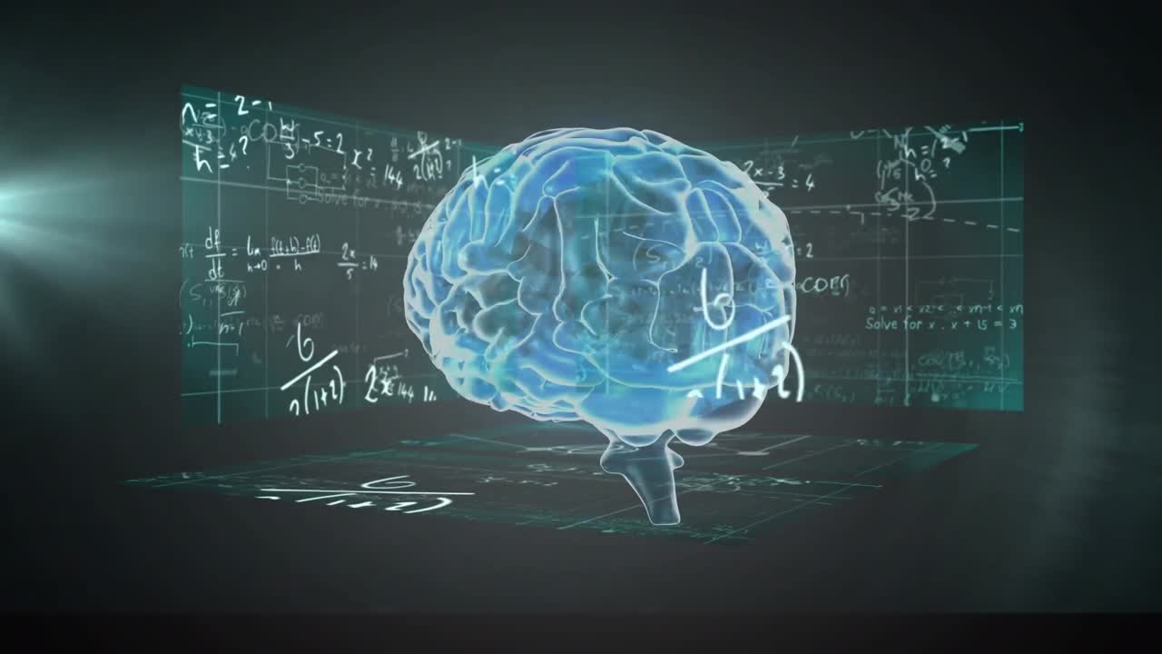 인간의 뇌는 녹색 배경에 대한 수학적 방정식과 함께 스크린에 대해 회전합니다.