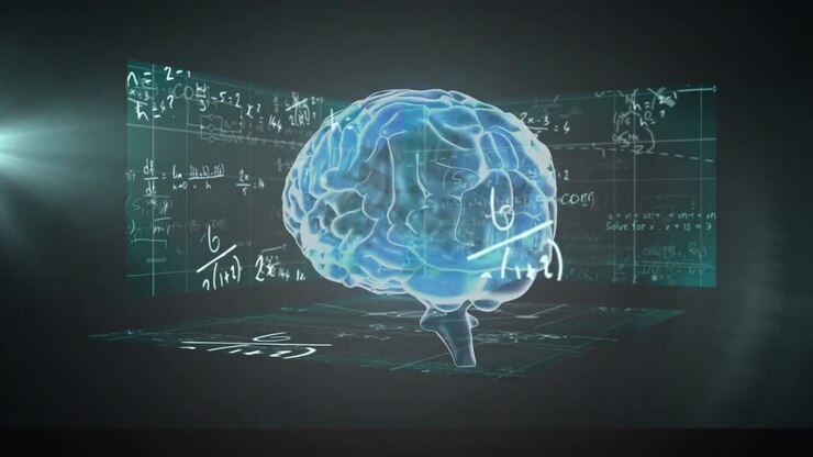 Human brain spinning against screens with mathematical equations against green background