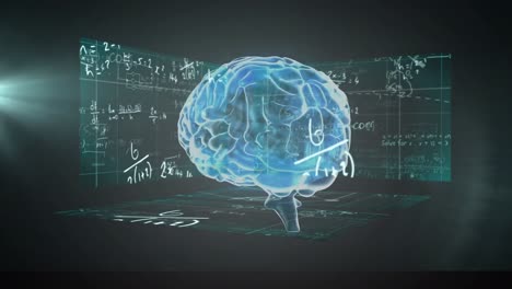 Menschliches-Gehirn-Dreht-Sich-Gegen-Bildschirme-Mit-Mathematischen-Gleichungen-Vor-Grünem-Hintergrund