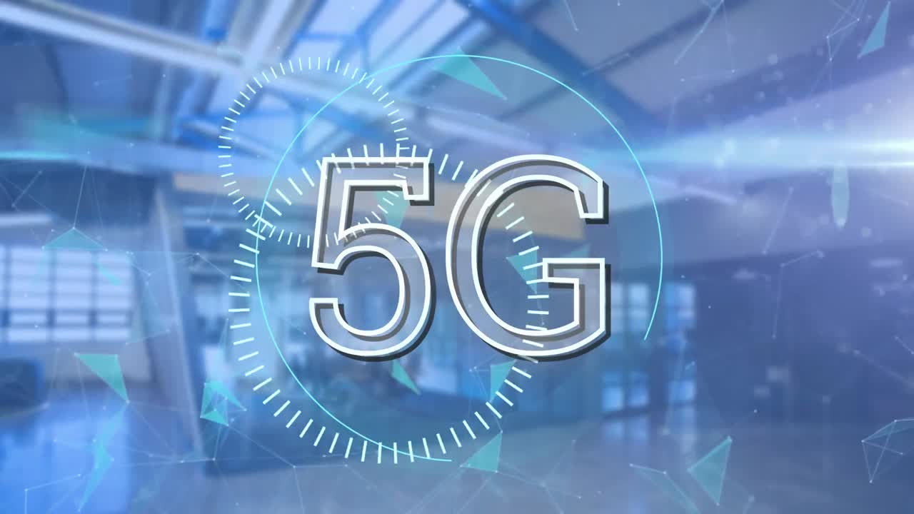 animazione di testo 5g con reti di connessioni su ufficio vuoto in background