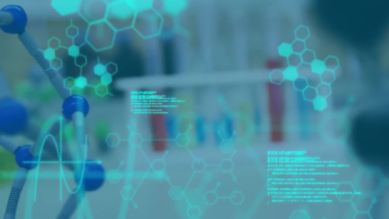 laboratorio con datos y hexágonos en primer plano