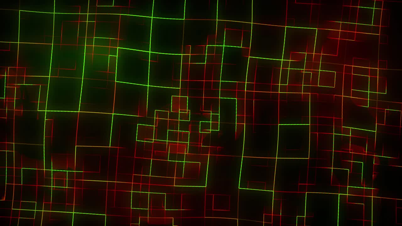 Glowing neon line work with rotating squares animation on dark gradient background dynamic motion graphics and visual effects seamless modern design lighting movement colours green red