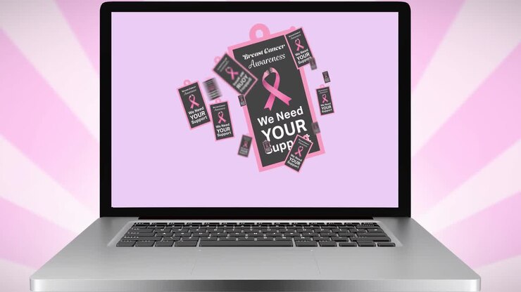 Animazione del logo del nastro rosa e del testo cancro sullo schermo di un laptop