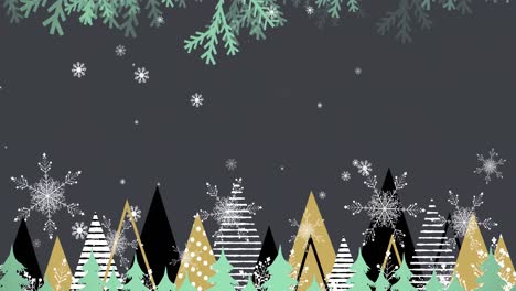 Animation-of-snow-falling-over-christmas-trees-decoration-on-grey-background