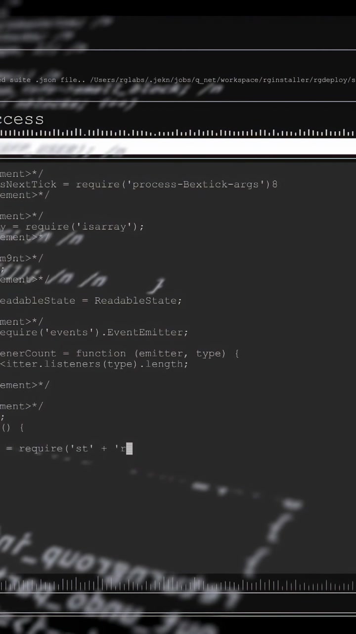 Verticale video: Gekantelde, wazige code-editor beweegt naar achteren, wordt recht en onthult 'require'-regels voor beoordeling.