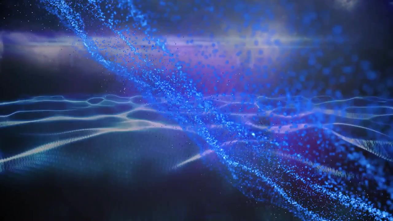 Blue particle ribbon emerging from right side flowing diagonally across wave grid showing data flow