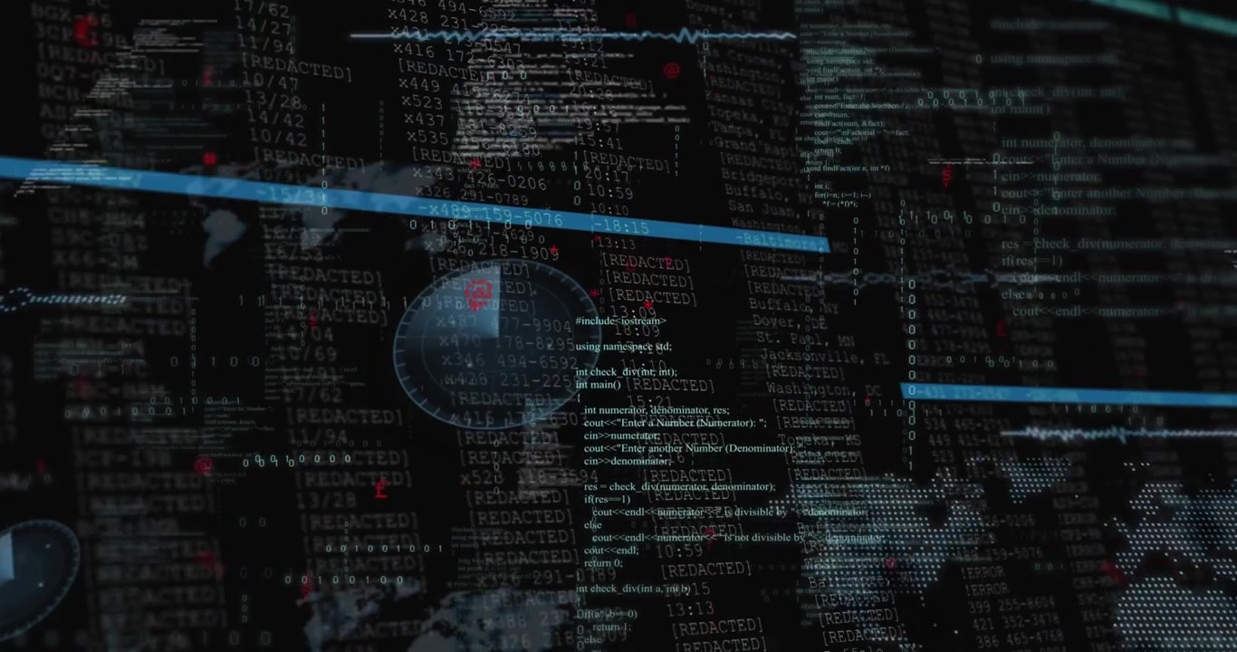 Binary digits multiplying, bar sliding, redactions appearing, radar rotating for threat scanning