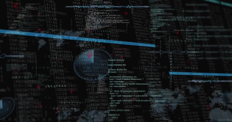 Binary digits multiplying, bar sliding, redactions appearing, radar rotating for threat scanning