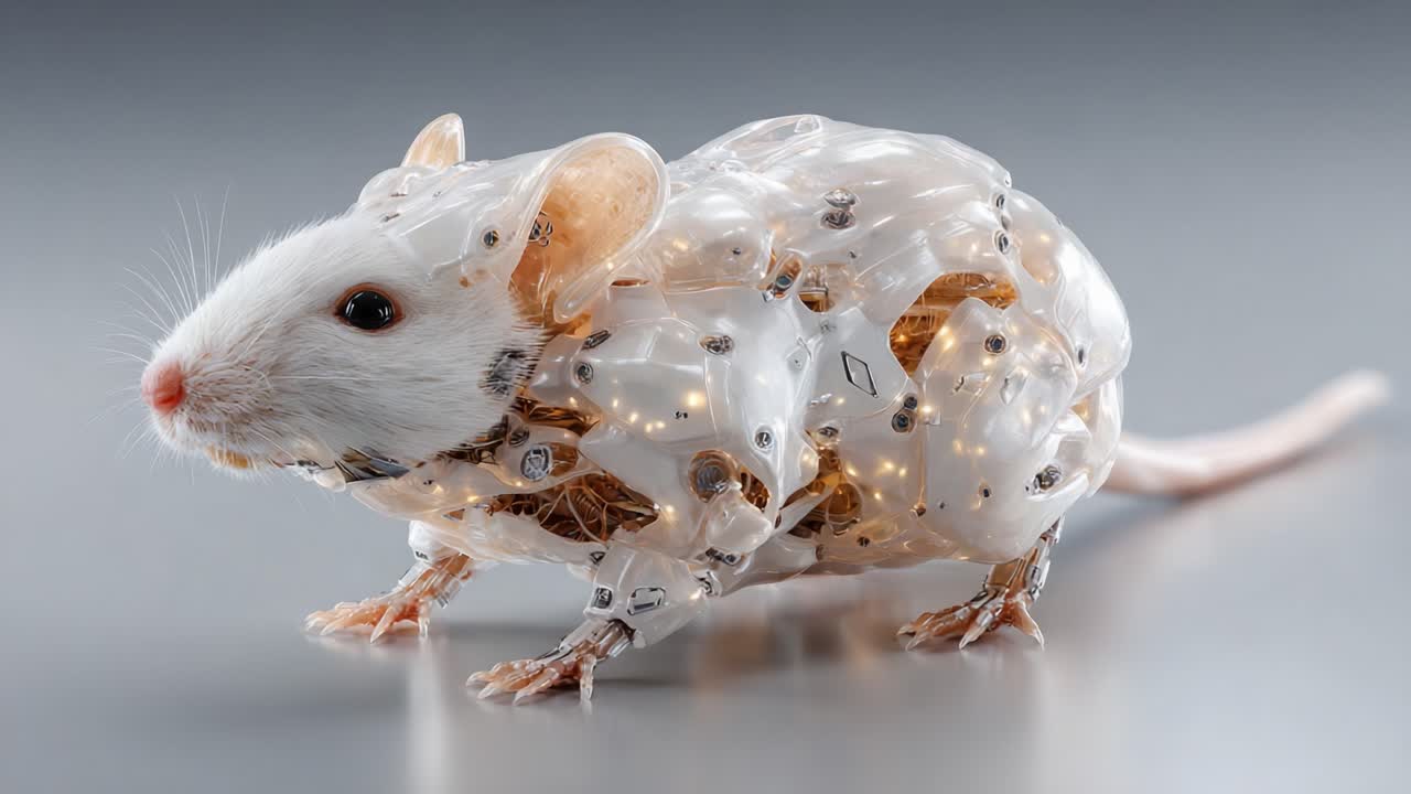 A fascinating fusion of biology and technology, this robotic mouse exemplifies innovation in bioengineering, showcasing intricate details in its synthetic structure and design