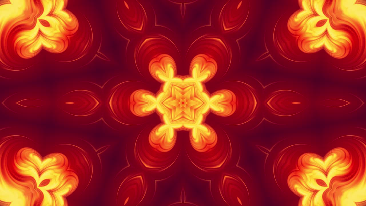 은 노란색 꽃 또는 흐르는 그라디언트에서 만들어진 별의 형태의 패턴 장식과 함께 장식 된 만달라와 같은 4k 원활한 루프 추상적인 배경.