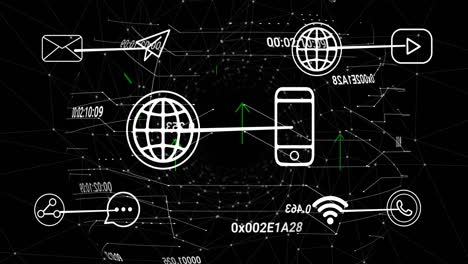 Animation-Von-Kommunikationsmediensymbolen-über-Der-Verarbeitung-Von-Daten-Und-Netzwerken-Auf-Schwarz